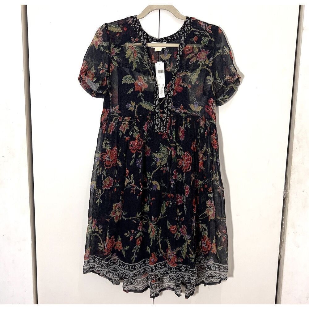 Maeve‎ Anthropologie Babydoll Dress Womens XS Forest Fairy Sheer Romatic V Neck